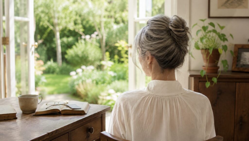 グレイヘアの女性がお庭を眺めている様子