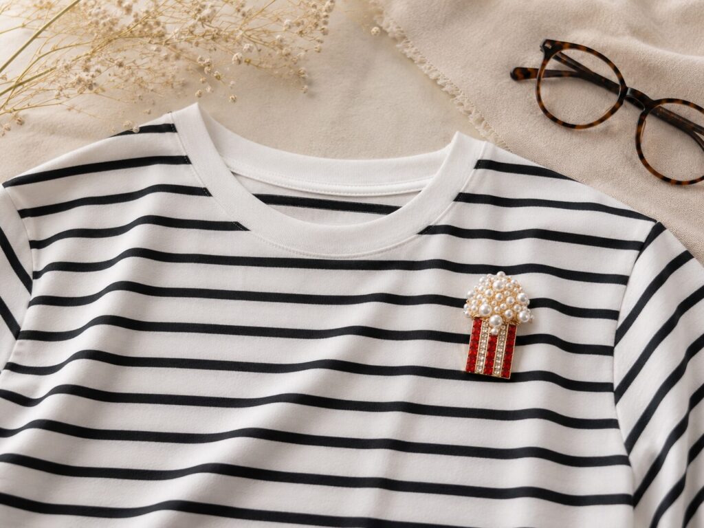 ボーダーTシャツにポップコーンのブローチ