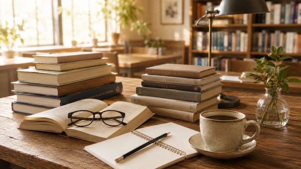 素敵なおじさんが休日に図書館で勉強しているシーン
